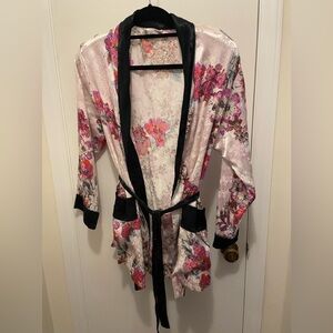 Free People Floral Satin Robe with Black Trim